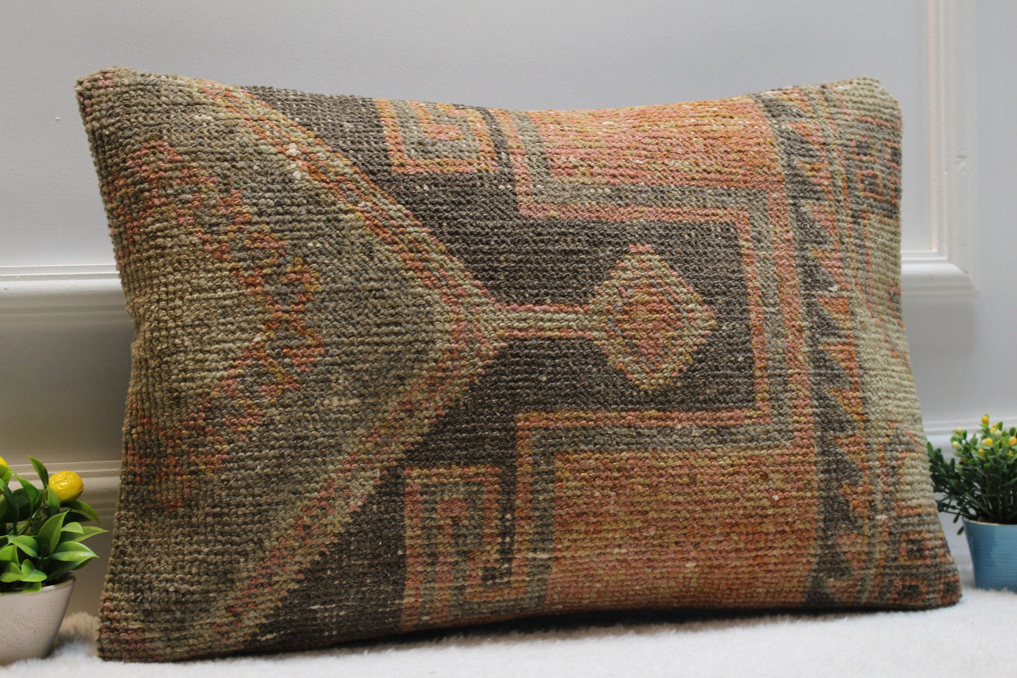 Handmade Kilim Lumbar Pillow Cover: Upcycled Woven Rug, Boho Design (16x24 in)