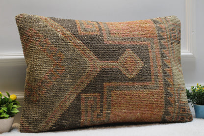 Handmade Kilim Lumbar Pillow Cover: Upcycled Woven Rug, Boho Design (16x24 in)