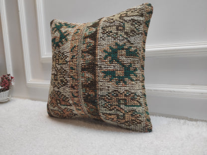 Handmade Turkish Rug Pillow Cover: Patchwork Wool Kilim, 16x16 inch