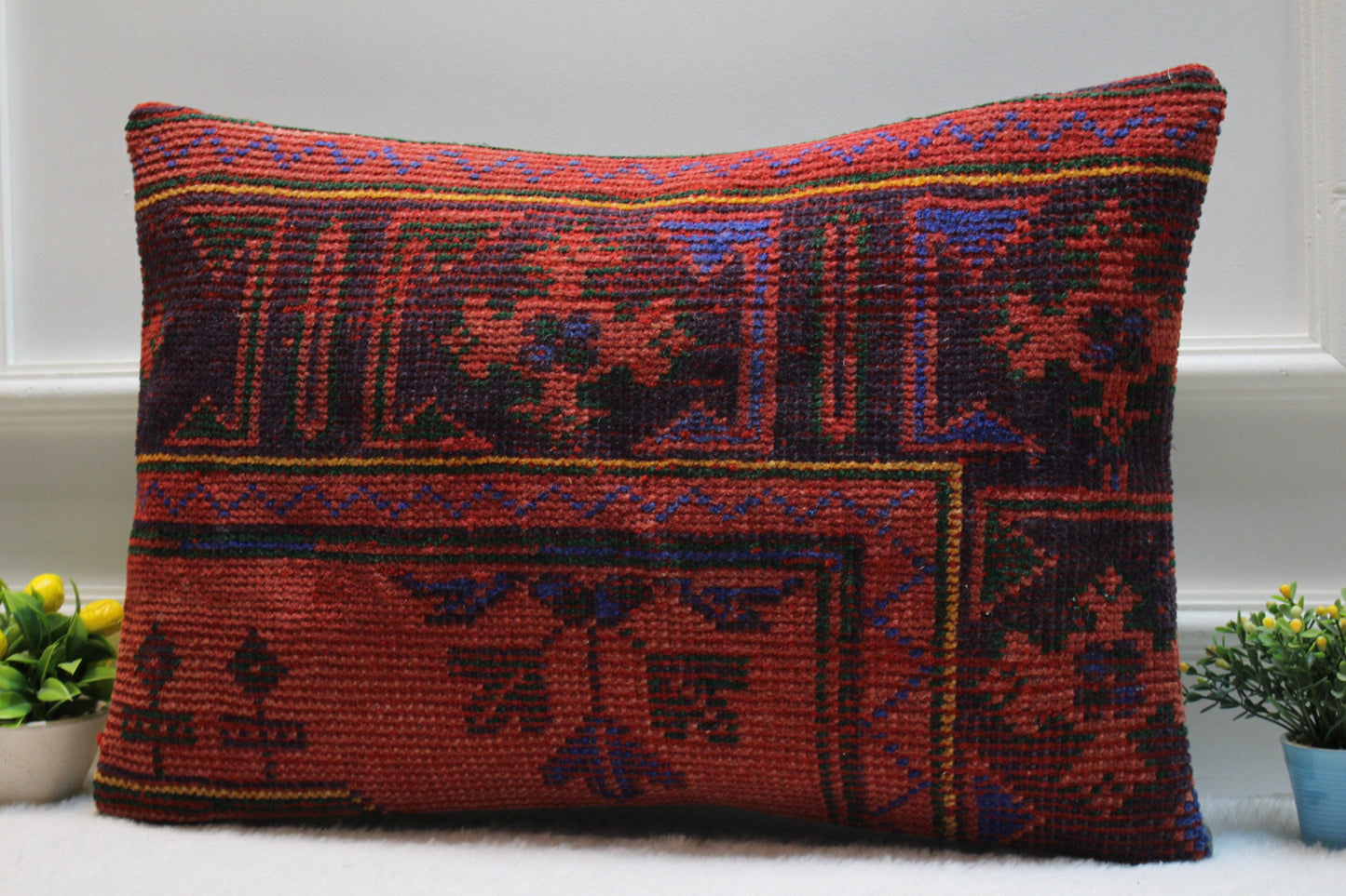 Handmade Red Kilim Pillow Cover: Upcycled Woven Rug, Boho Home Decor (16x24 inc)