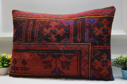 Handmade Red Kilim Pillow Cover: Upcycled Woven Rug, Boho Home Decor (16x24 inc)