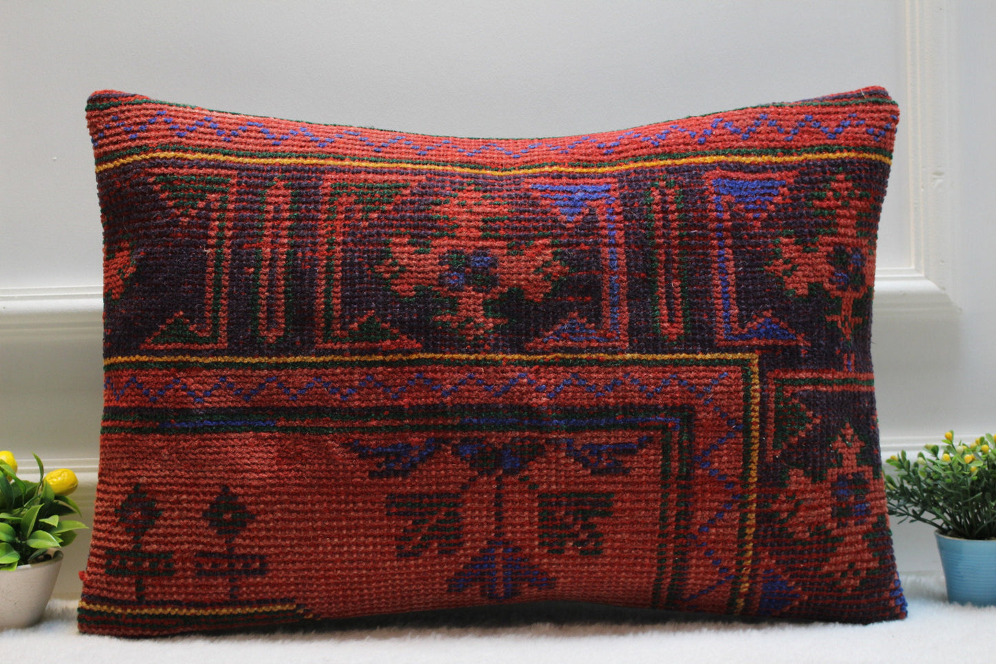 Handmade Red Kilim Pillow Cover: Upcycled Woven Rug, Boho Home Decor (16x24 inc)
