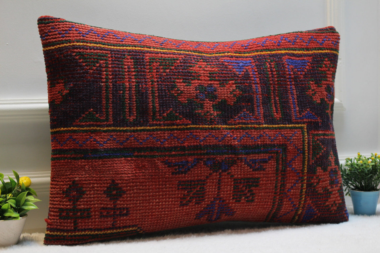 Handmade Red Kilim Pillow Cover: Upcycled Woven Rug, Boho Home Decor (16x24 inc)