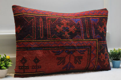 Handmade Red Kilim Pillow Cover: Upcycled Woven Rug, Boho Home Decor (16x24 inc)