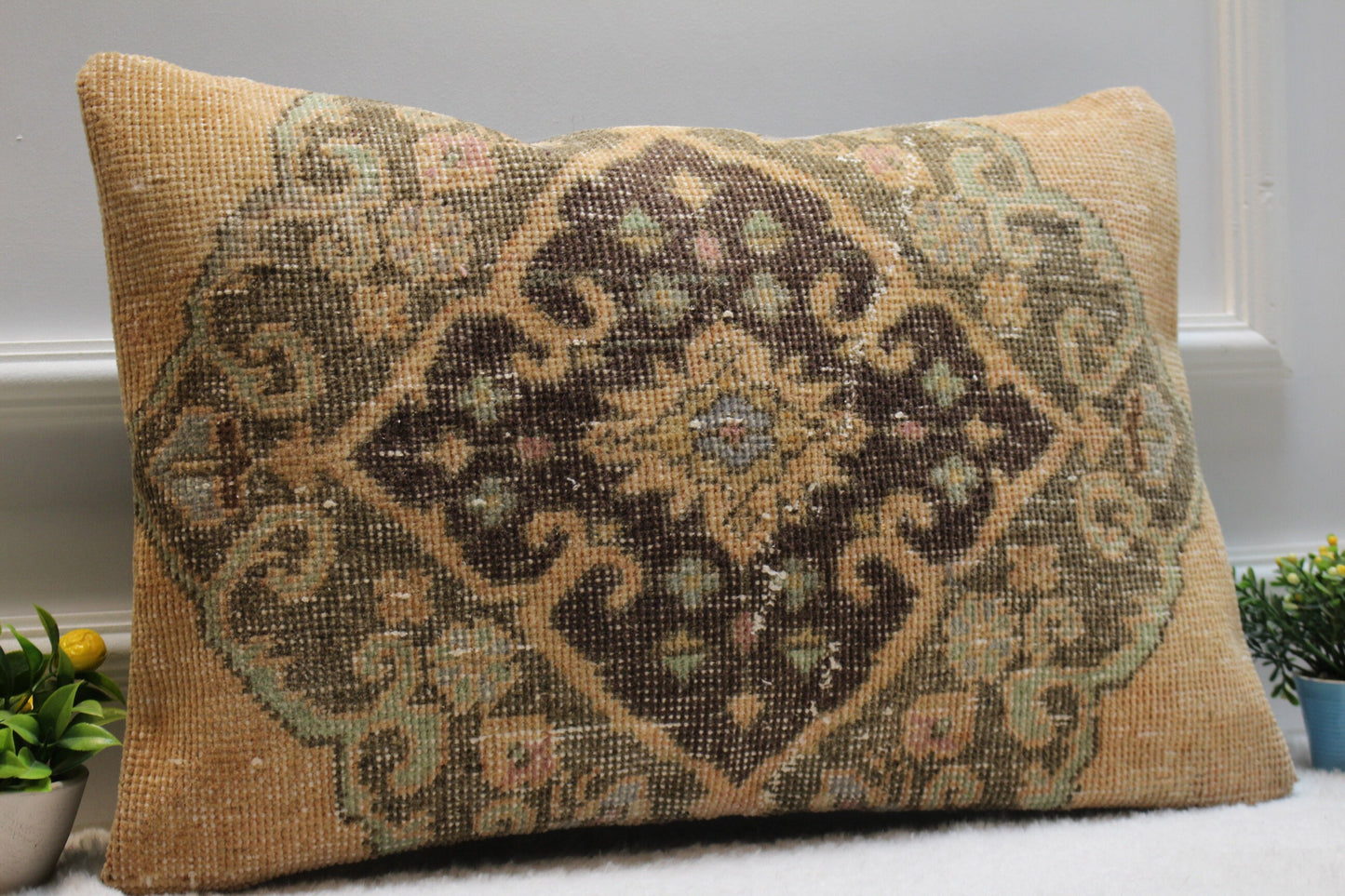 Handmade Kilim Lumbar Pillow Cover: Upcycled Woven Rug, Beige Brown (16x24 in)