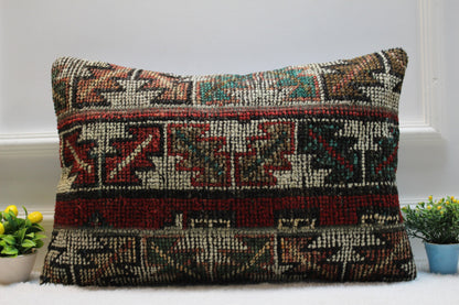 Handmade Kilim Lumbar Pillow Cover: Geometric Boho Rug Pillow (16x24 inc)