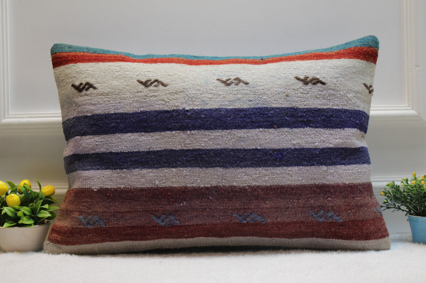 Handmade Kilim Lumbar Pillow Cover: Striped Woven Wool, 16x24