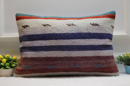 Handmade Kilim Lumbar Pillow Cover: Striped Woven Wool, 16x24