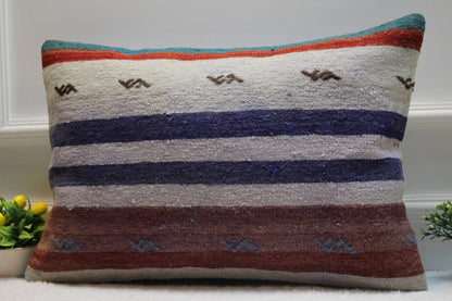 Handmade Kilim Lumbar Pillow Cover: Striped Woven Wool, 16x24
