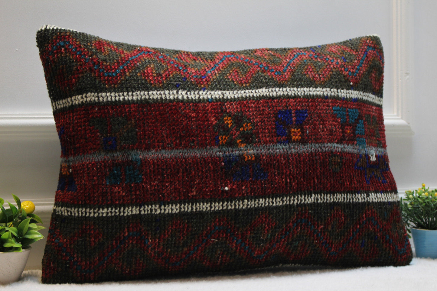 Handmade Kilim Pillow Cover: Upcycled Woven Rug, Red & Black (16x24 in)