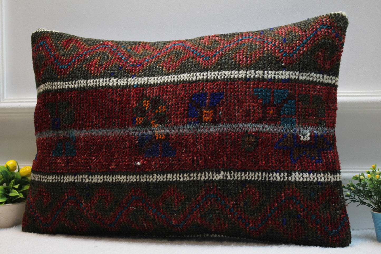 Handmade Kilim Pillow Cover: Upcycled Woven Rug, Red & Black (16x24 in)