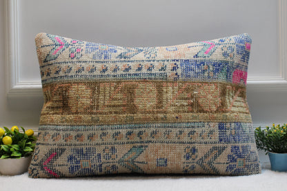 Handmade Kilim Lumbar Pillow Cover: Upcycled Woven Rug, Boho Oriental Design (16x24 in)