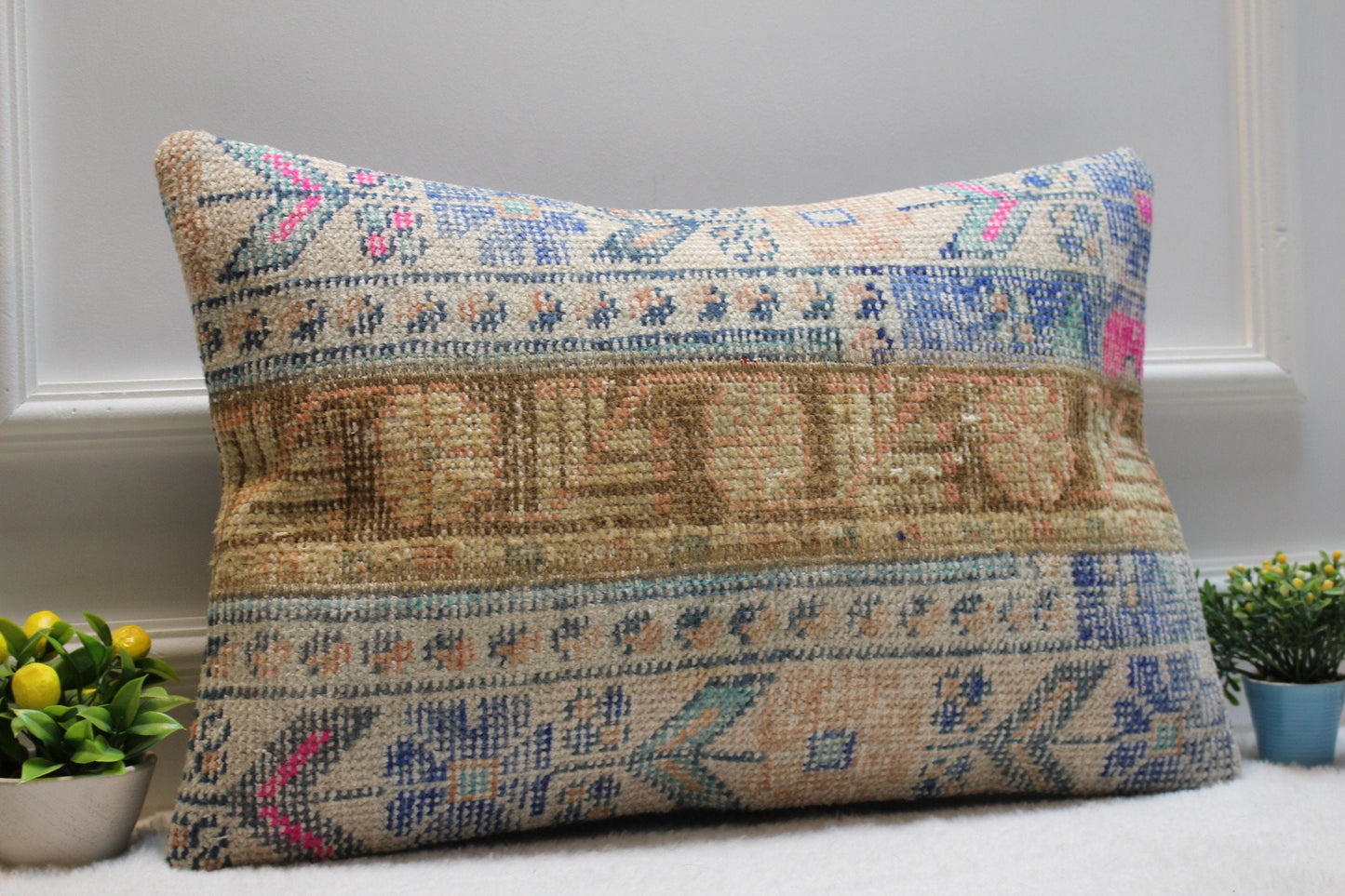 Handmade Kilim Lumbar Pillow Cover: Upcycled Woven Rug, Boho Oriental Design (16x24 in)
