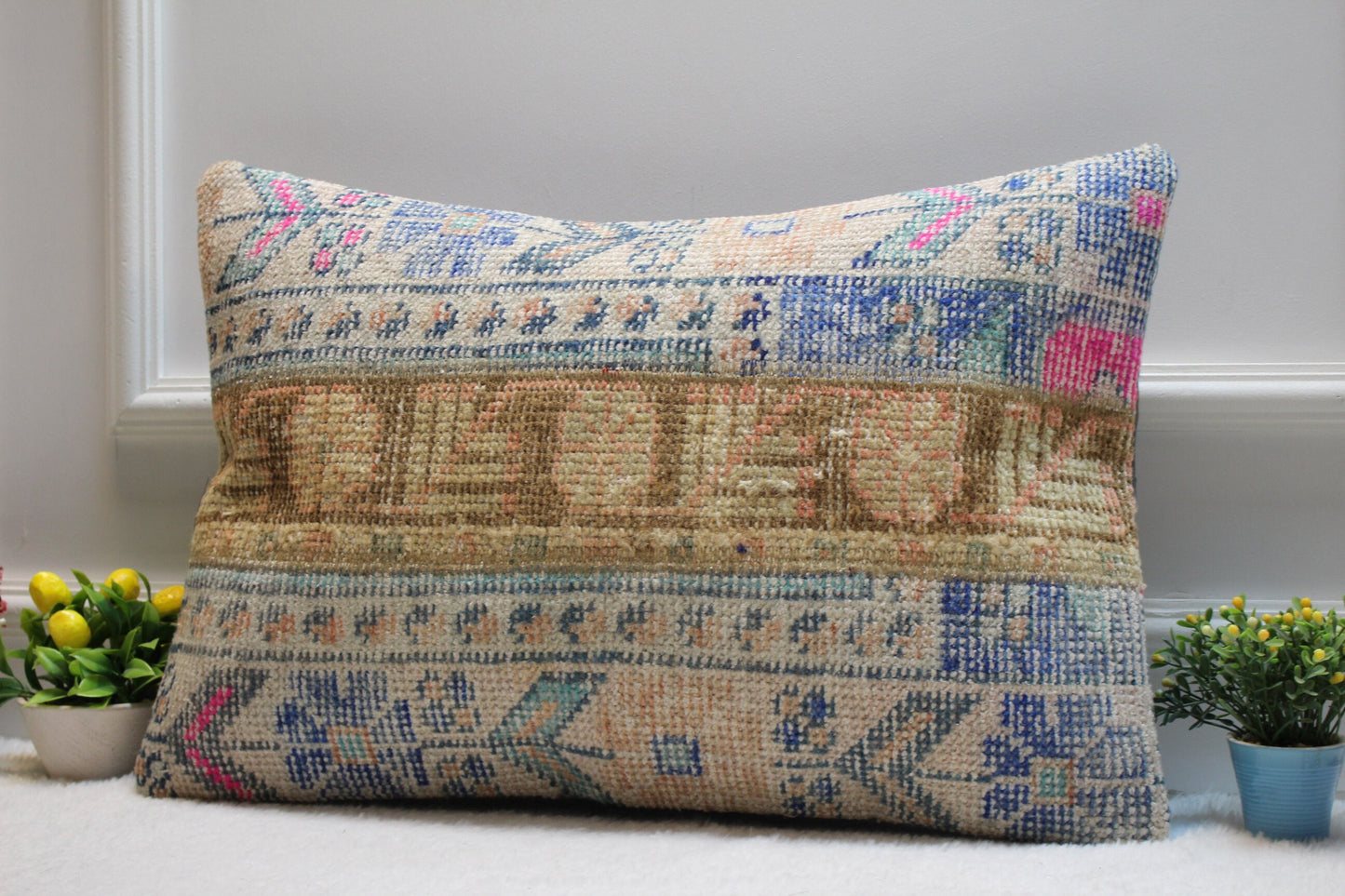 Handmade Kilim Lumbar Pillow Cover: Upcycled Woven Rug, Boho Oriental Design (16x24 in)