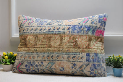 Handmade Kilim Lumbar Pillow Cover: Upcycled Woven Rug, Boho Oriental Design (16x24 in)