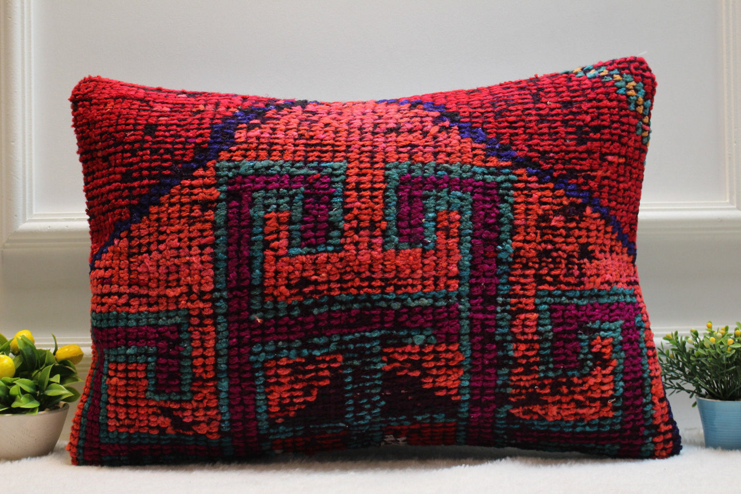 Handmade Kilim Lumbar Pillow Cover: Ethnic Boho Rug Pillow (16x24 inc)