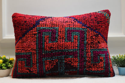 Handmade Kilim Lumbar Pillow Cover: Ethnic Boho Rug Pillow (16x24 inc)