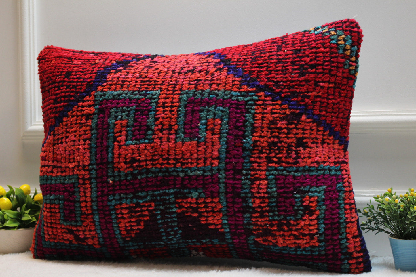 Handmade Kilim Lumbar Pillow Cover: Ethnic Boho Rug Pillow (16x24 inc)
