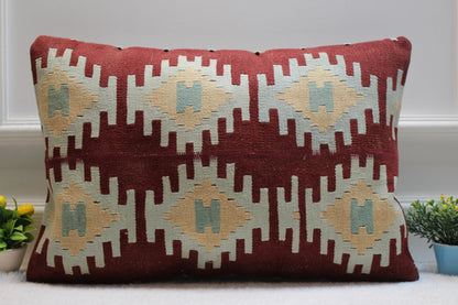 Geometric Kilim Lumbar Pillow Cover: Vintage Turkish Rug, 16x24 inch