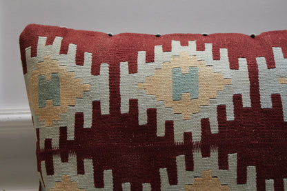 Geometric Kilim Lumbar Pillow Cover: Vintage Turkish Rug, 16x24 inch