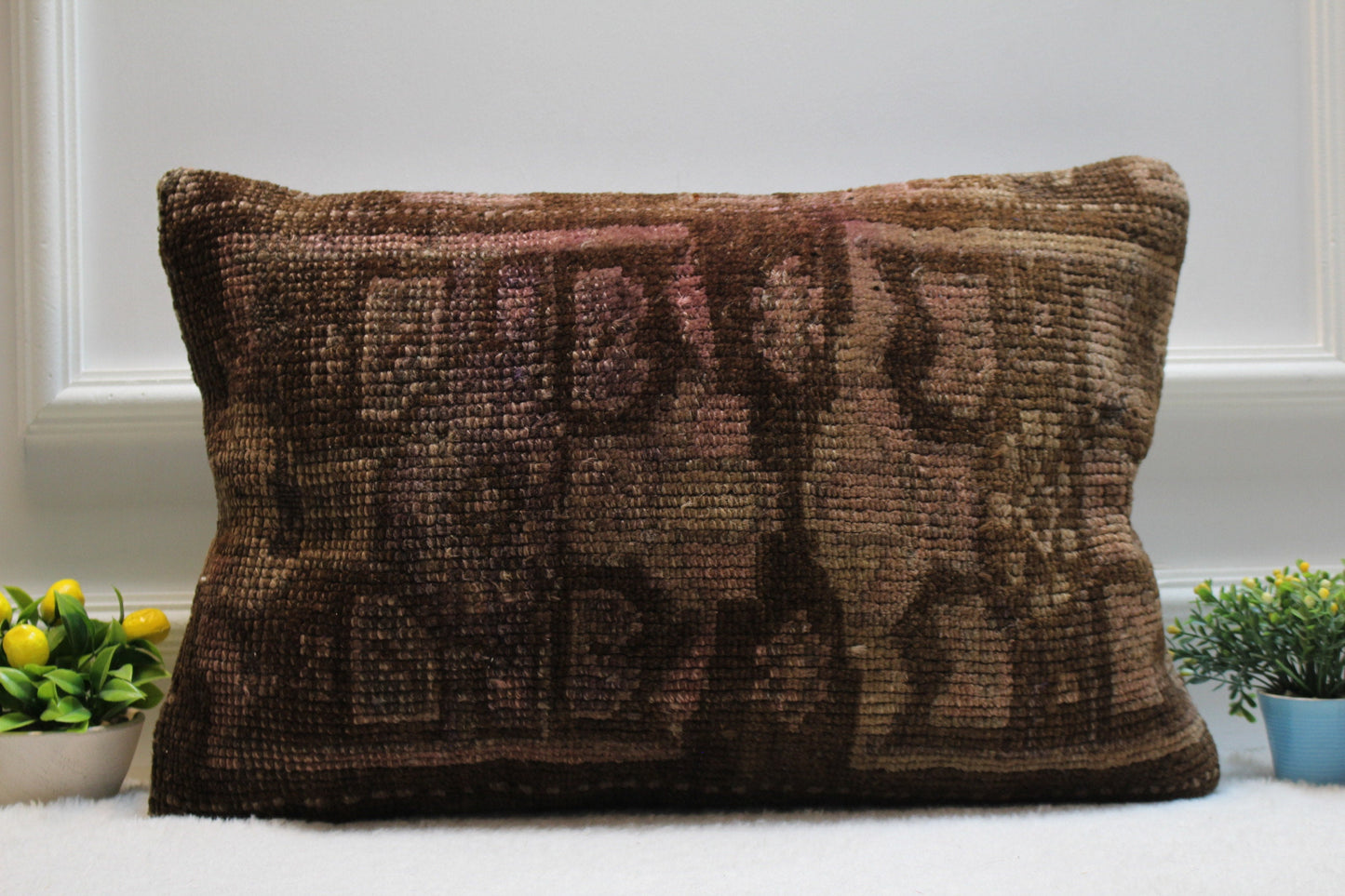 Handmade Brown Turkish Rug Pillow: Vintage Wool Lumbar Cover (16x24 in)