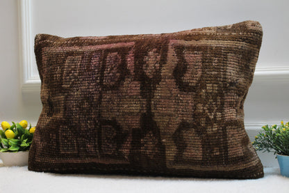 Handmade Brown Turkish Rug Pillow: Vintage Wool Lumbar Cover (16x24 in)