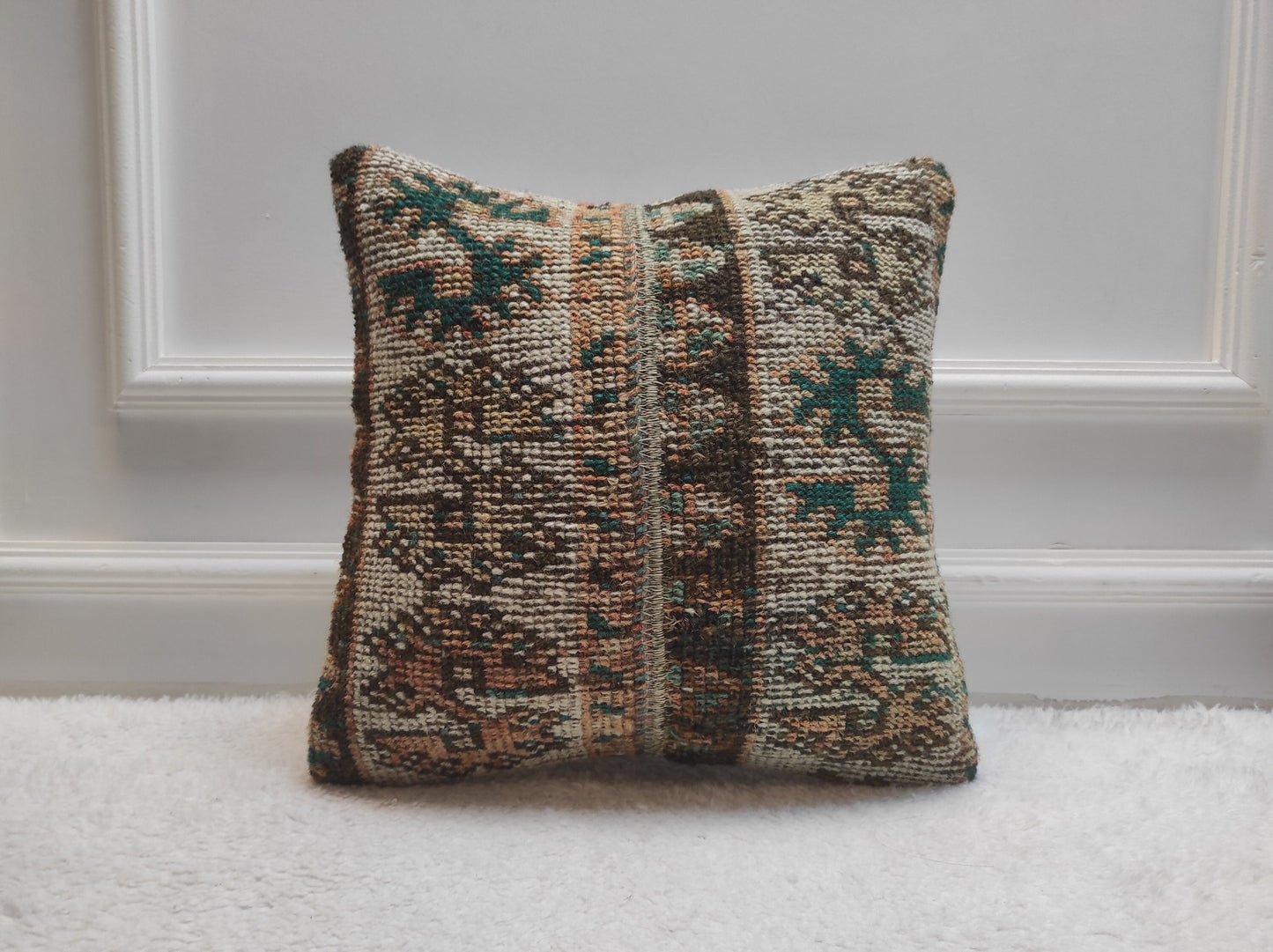 Handmade Turkish Rug Pillow Cover: Patchwork Wool Kilim, 16x16 inch