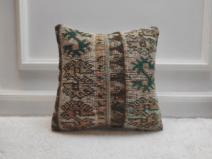 Handmade Turkish Rug Pillow Cover: Patchwork Wool Kilim, 16x16 inch