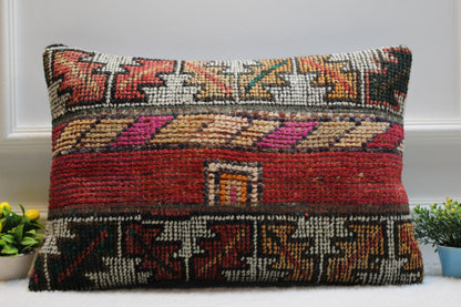 Handmade Red Kilim Pillow Cover: Upcycled Woven Rug, 16x24 inch