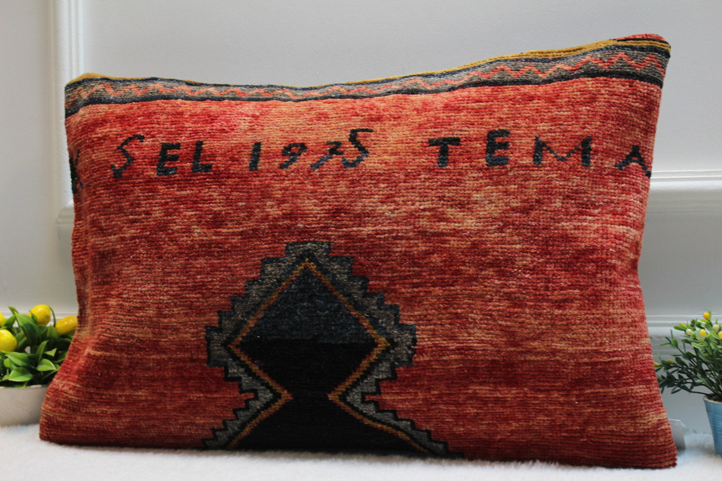 Handmade Red Kilim Pillow: Organic Wool Lumbar Cushion (16x24 in)