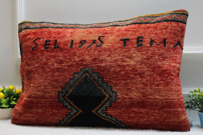 Handmade Red Kilim Pillow: Organic Wool Lumbar Cushion (16x24 in)