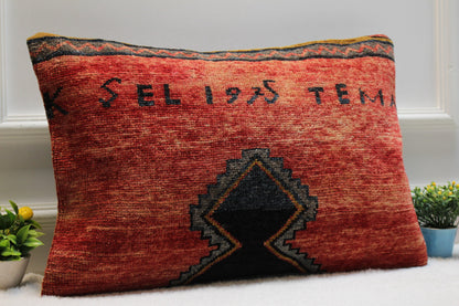 Handmade Red Kilim Pillow: Organic Wool Lumbar Cushion (16x24 in)