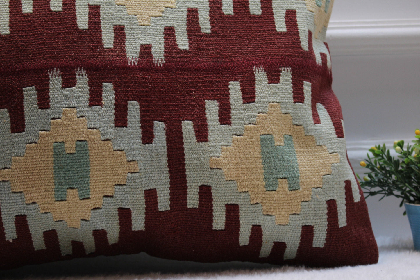Handmade Kilim Lumbar Pillow Cover: Red Geometric Woven Rug (16x24 in)