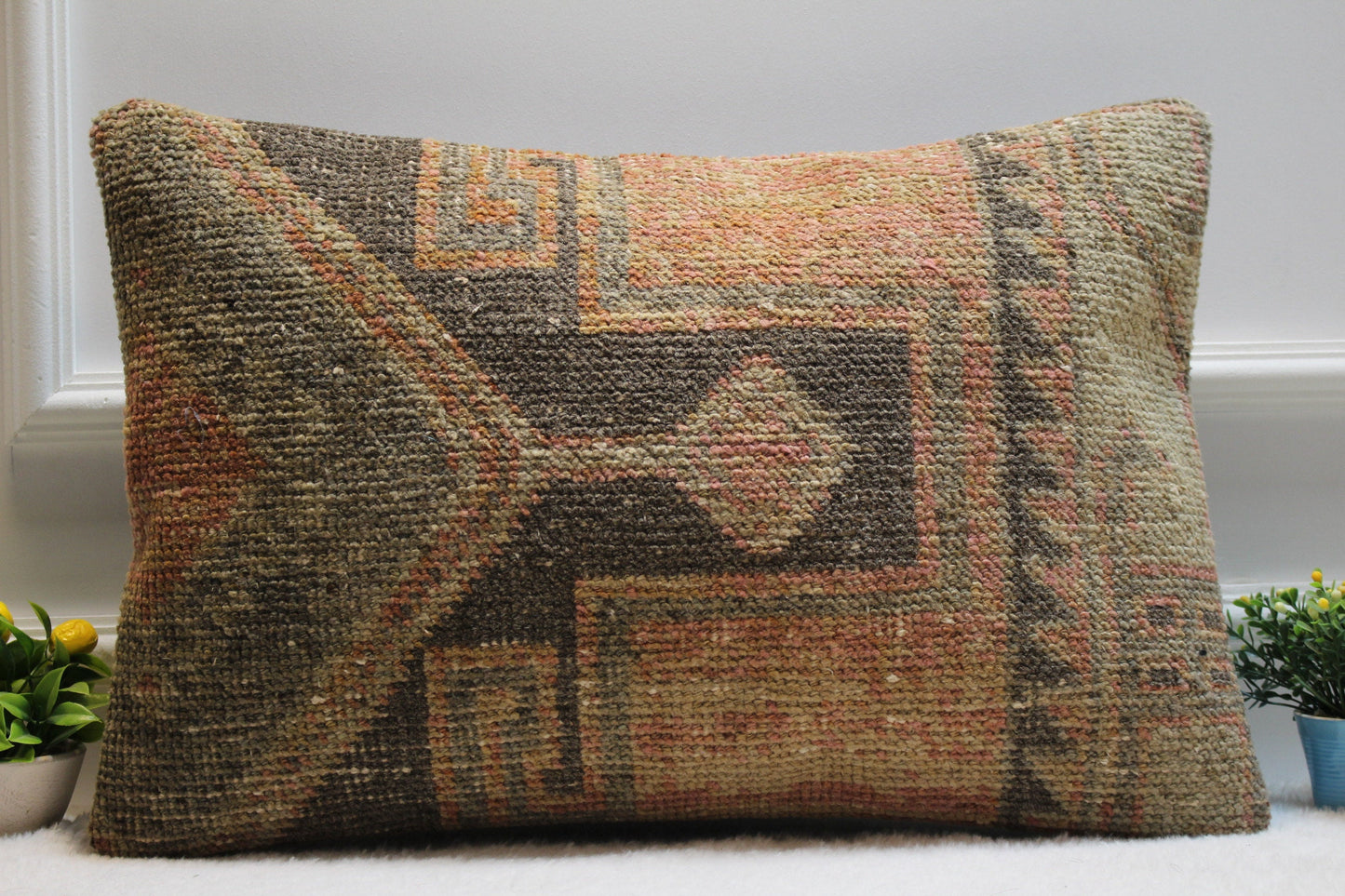 Handmade Turkish Rug Lumbar Pillow: Upcycled Kilim Pillow Cover (16x24 in)