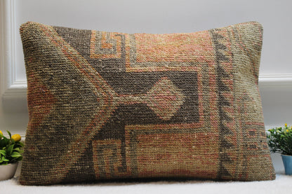 Handmade Turkish Rug Lumbar Pillow: Upcycled Kilim Pillow Cover (16x24 in)