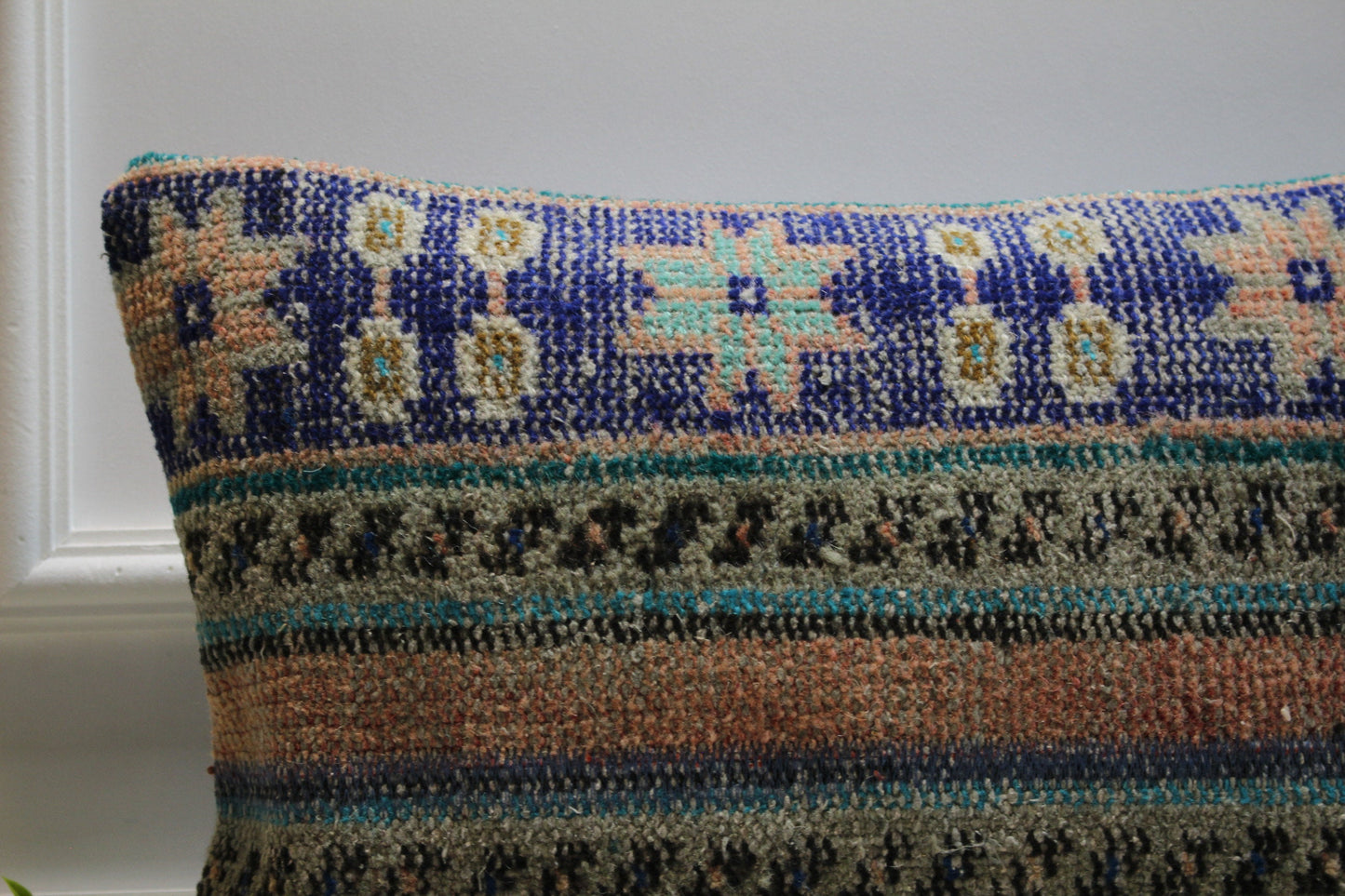 Blue Kilim Pillow Cover (16x24 inch): Upcycled Woven Rug Lumbar Pillow