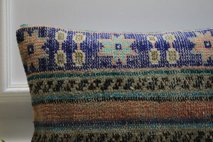 Blue Kilim Pillow Cover (16x24 inch): Upcycled Woven Rug Lumbar Pillow