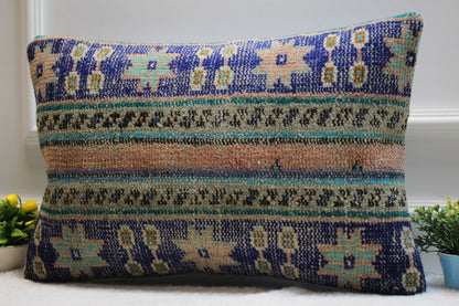 Blue Kilim Pillow Cover (16x24 inch): Upcycled Woven Rug Lumbar Pillow