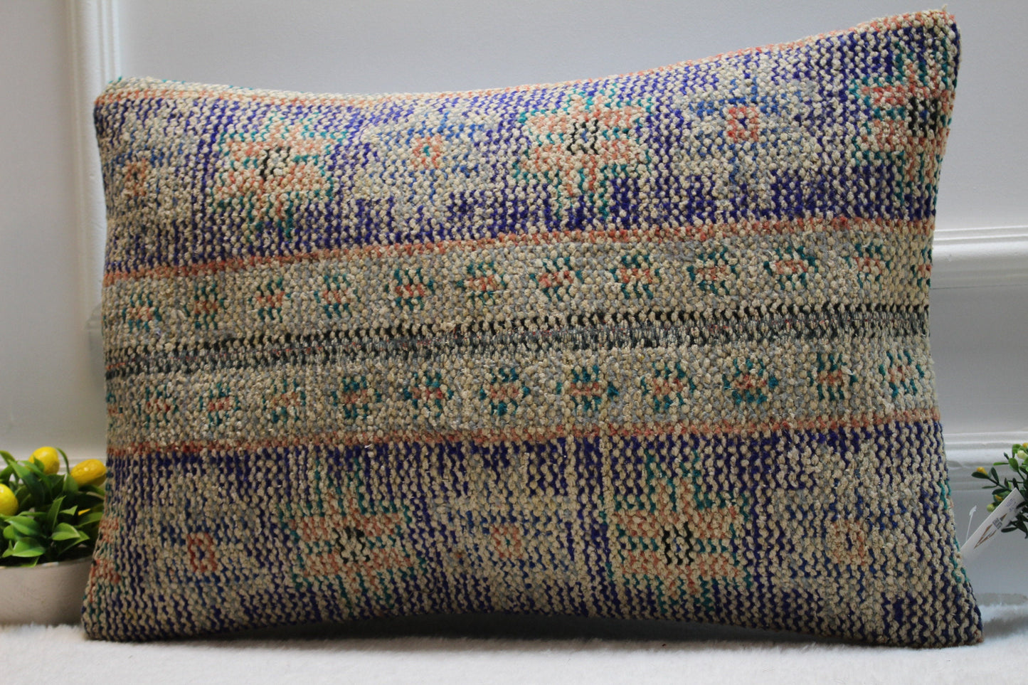 Handmade Turkish Rug Pillow Cover: Organic Boho Cushion (16x24 inc)