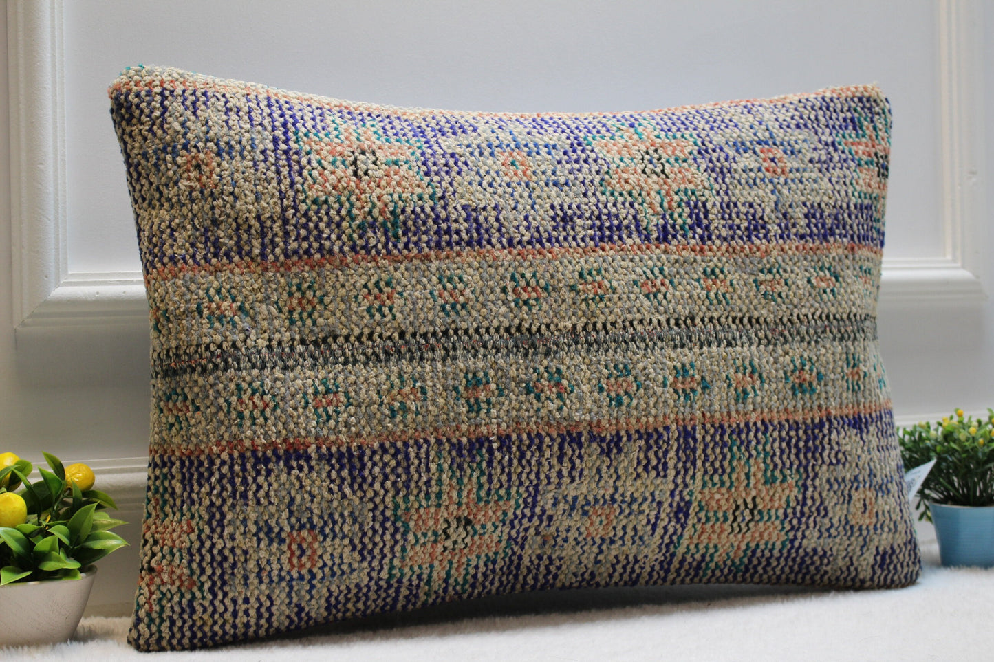 Handmade Turkish Rug Pillow Cover: Organic Boho Cushion (16x24 inc)