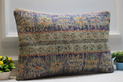 Handmade Turkish Rug Pillow Cover: Organic Boho Cushion (16x24 inc)