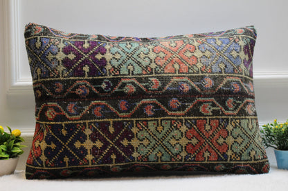 Handmade Kilim Pillow Cover: Upcycled Woven Rug, Boho Decor (16x24 inch)