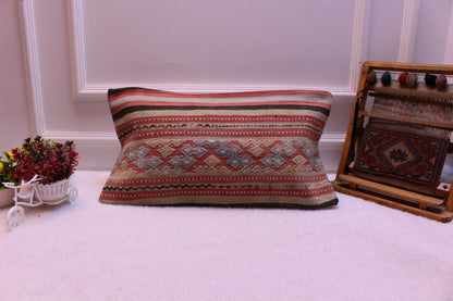 Turkish Kilim Lumbar Pillow Cover: Boho Organic Wool (12x24 inc)