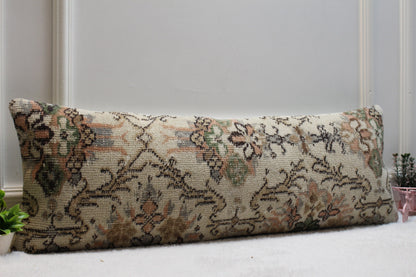 Floral Kilim Pillow Cover: Handmade Organic Wool Lumbar Pillow (12x36 inc)