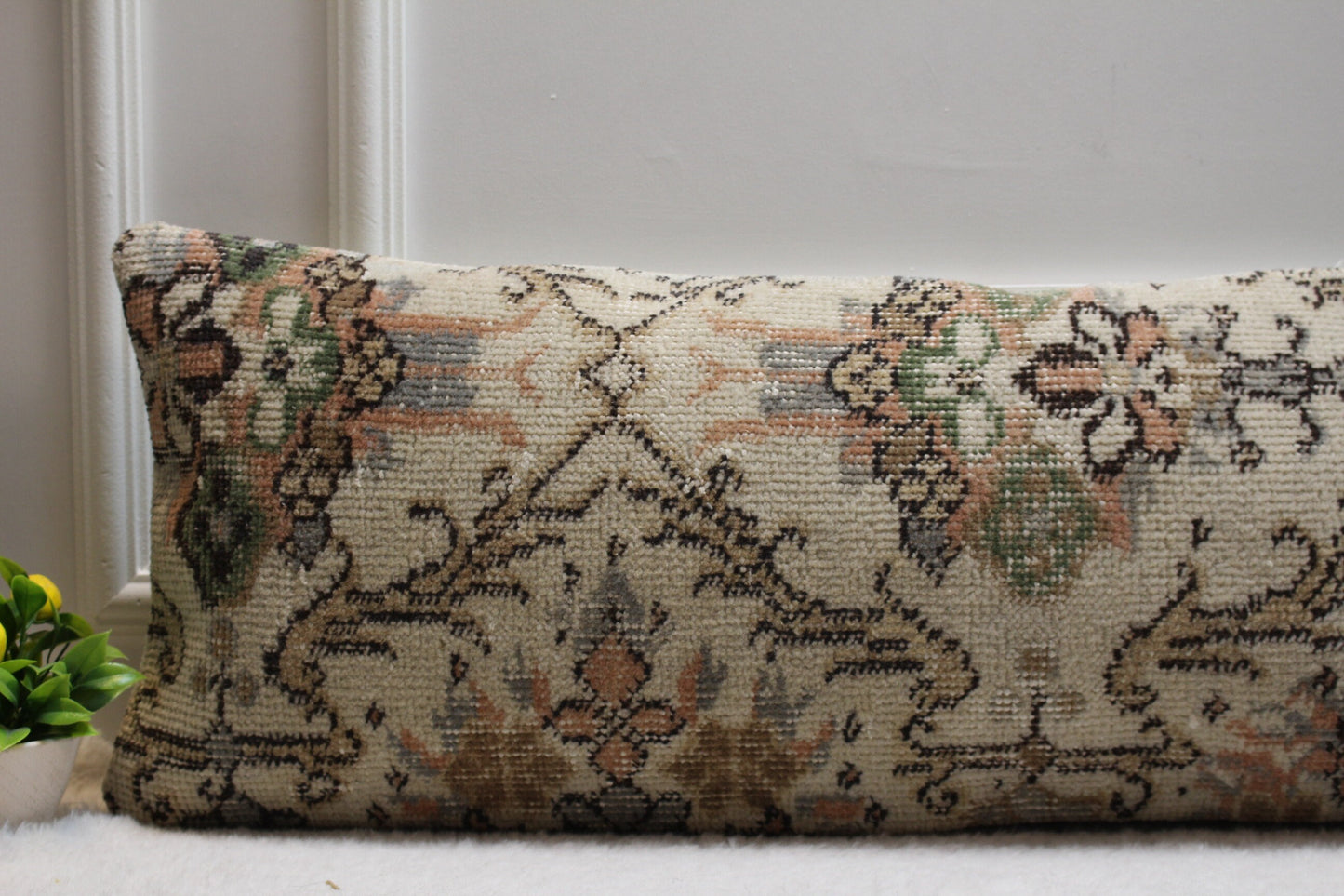 Floral Kilim Pillow Cover: Handmade Organic Wool Lumbar Pillow (12x36 inc)