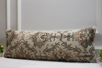 Floral Kilim Pillow Cover: Handmade Organic Wool Lumbar Pillow (12x36 inc)