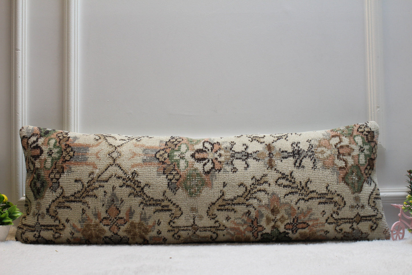 Floral Kilim Pillow Cover: Handmade Organic Wool Lumbar Pillow (12x36 inc)