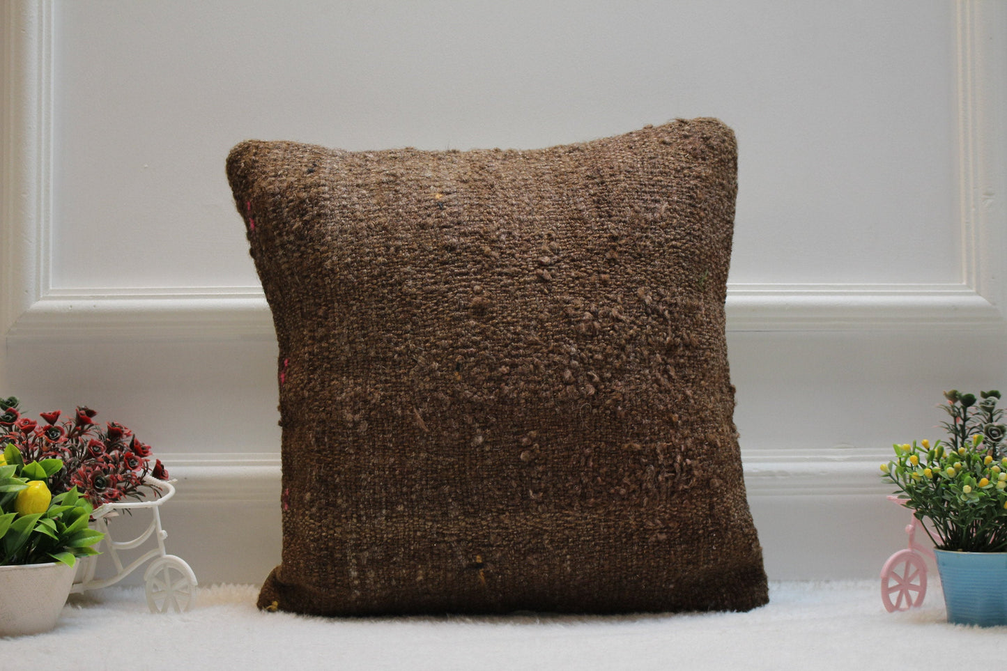 Handmade Brown Kilim Pillow Cover: Upcycled Wool, Bohemian Decor (16x16 in)