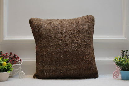 Handmade Brown Kilim Pillow Cover: Upcycled Wool, Bohemian Decor (16x16 in)
