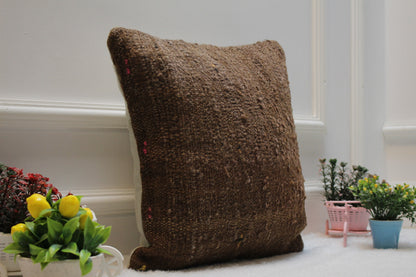 Handmade Brown Kilim Pillow Cover: Upcycled Wool, Bohemian Decor (16x16 in)